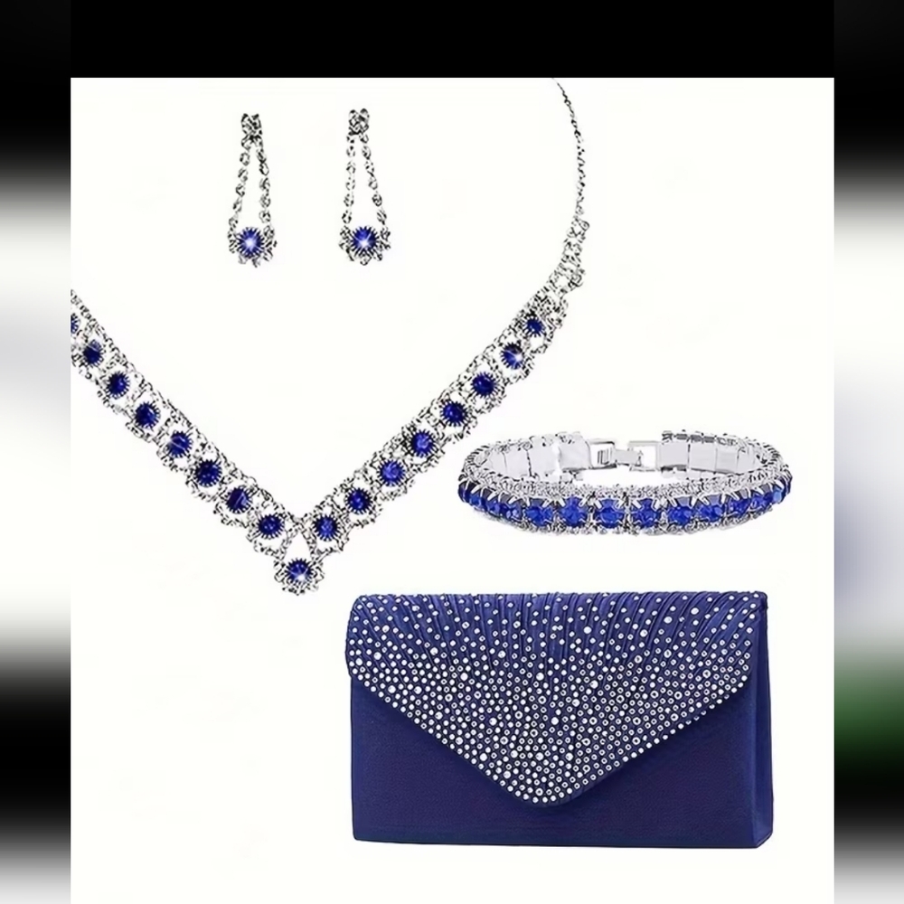 Ladies' 4pc Luxury Elegant Rhinestone Evening Bag, Earrings, Bracelet, Necklace.